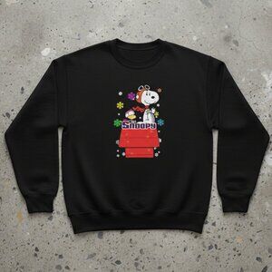 Snoopy Pilot Red Doghouse Christmas Snowflake Graphic Sweatshirt Black